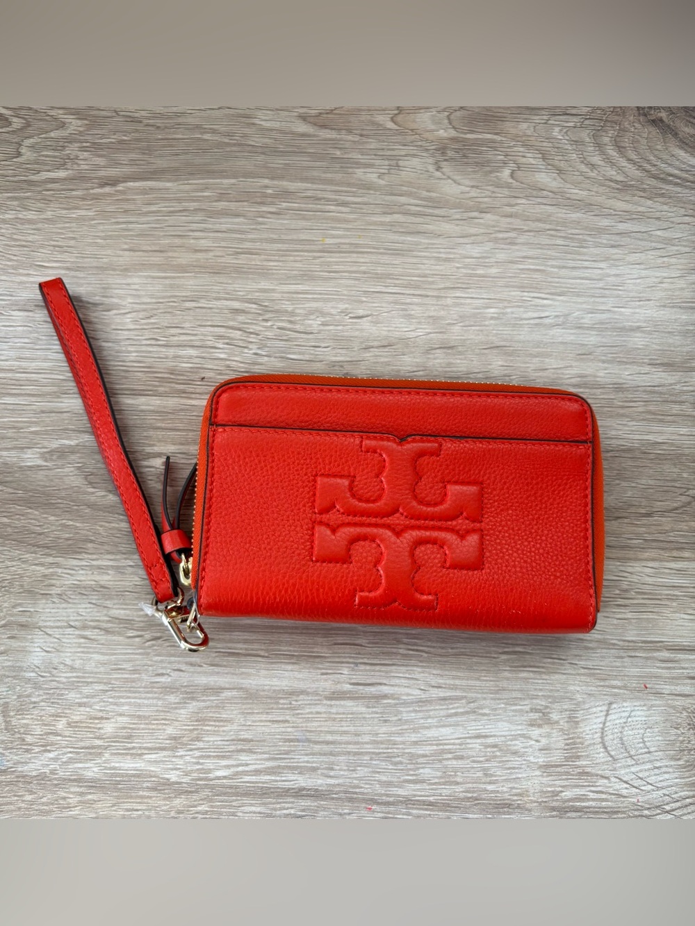 Tory Burch Red Leather Logo Zip Around Wristlet Wallet